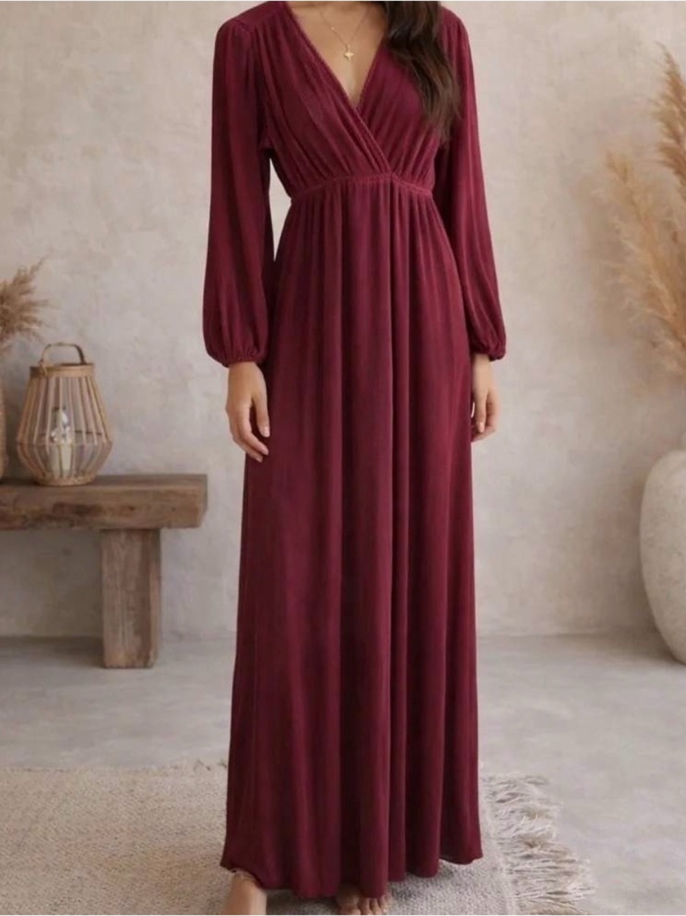 Baltic Born Black Pleated V-Neck Long Sleeve Maxi Dress